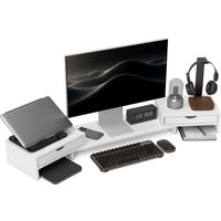 HOMCOM Dual Monitor Stand Riser with 2 Drawers, Adjustable Length and Angle, 116cm Monitor Riser for Laptop, Computer, PC, Small Printer, White