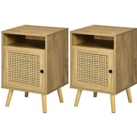 HOMCOM Lot de 2 tables de chevet table de nuit avec placard porte cannage et niche design vintage 39 x 35 x 60 cm naturel