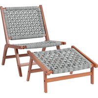 Outsunny Fauteuil de jardin avec repose-pieds - chaise relax en bois d'acacia et corde résine tressée - naturel, gris