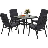 Outsunny 5 Pieces Outdoor Square Garden Dining Set w/ Tempered Glass Dining Table 4 Cushioned Armchairs, Umbrella Hole, Black