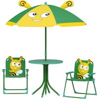 AIYAPLAY AIYAPLAY 4er Set Kindersitzgruppe Garten Kindersitzgarnitur mit 2 Klappstühle, höhenverstellbarem Sonnenschirm, Gartentisch, Bienen-Muster für 2-5 Jahre Kinder, Grün Aosom
