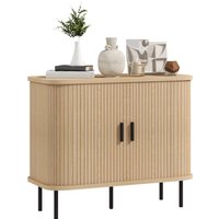 HOMCOM Mid-Century Modern Sideboard Storage Cabinet with Slatted Tambour Sliding Doors, Kitchen Cabinet with Steel Legs, Oak Tone Aosom UK