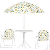 AIYAPLAY Ensemble salon de jardin extérieur enfant 4 pièces, motif éléphant et girafe, parasol réglable Ø 100 cm, chaise pliable