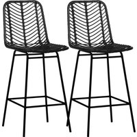 HOMCOM Lot de 2 tabourets de bar chaise de bar design bohème hauteur 66 cm avec repose-pieds métal et rotin PE - noir