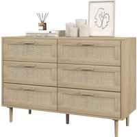 HOMCOM Commode 6 tiroirs meuble de rangement avec tissage en rotin dim. 110L x 40l x 75H cm Aspect Bois Clair