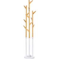 HOMCOM Porte-Manteau sur Pied Portemanteau avec 12 Crochets Support pour Parapluie Moderne pour Couloir Salon Métal Bambou Naturel + Blanc 30,5 x 30,5 x 174,5 cm