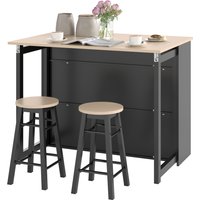 HOMCOM Ensemble de bar 3 pièces, Table de bar avec plateau pliable, 2 tabourets de bar, 6 compartiments de rangement, noir+chêne, 116 x 70 x 89,5 cm
