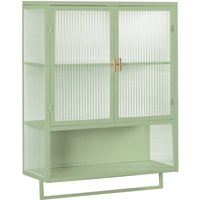 Armoire murale moderne avec portes en verre, deux niveaux de rangement fermé, avec étagère ouverte et porte-serviettes, 60×23×78 cm, Vert