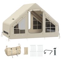 Outsunny Inflatable Camping Tent with Pump, Easy Setup 2-4 Person Blow Up Tent, Waterproof Luxury Inflatable Tent with Mesh Windows, Doors, Hook and Carry Bag, Beige