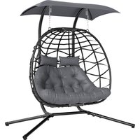 Outsunny Rattan Double Hanging Egg Chair with Canopy, Foldable Wicker Swing Egg Chair with Cushion, Head Pillows, Stand, Steel Frame, Hammock Chair for Indoor Outdoor, Capacity 260 kg, Black