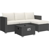 Five Piece Rattan Garden Furniture Set Gas Fire Pit Table Footstool Cream White
