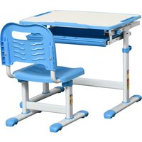 HOMCOM Banc d'École pour Enfants 6-12 Ans avec Chaise Réglable, Tiroir et Plateau Inclinable, 66x47x52-77 cm, Bleu