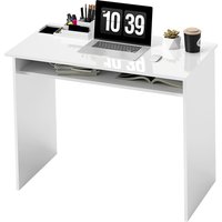 HOMCOM Bureau informatique sobre épuré compact avec 1 étagère, panneaux de particules, dim. 90l x 50P x 74H cm, blanc laqué
