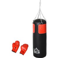 HOMCOM Set de sac de boxe Ensemble avec gants de boxe rempli pour adultes adolescents Accroché Sac de boxe lourd 16 KG Ø30 x 120 cm Noir+Rouge