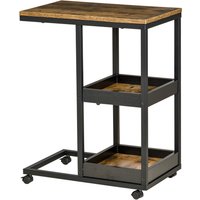 HOMCOM Table d'Appoint avec Roulettes pour Canapé ou Lit, Style Industriel, Acier et Bois, Marron et Noir
