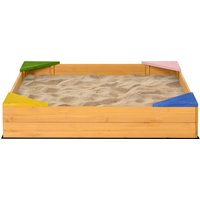 Outsunny Quadratischer Sandkasten aus Holz für Kinder mit 4 Sitzgelegenheiten in der Ecke und Schutzfilm 109 x 109 x 19,8 cm Naturholz Aosom