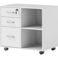 HOMCOM Bürocontainer mit 3 Schubladen, Büromöbel aus Holz mit Rädern, 2 Fächer und Schublade mit Schloss und Schlüssel, für Büro und Studium, 60x40x56 cm, Weiß Aosom