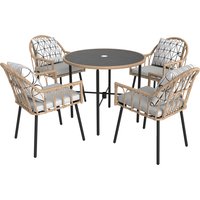 5 Piece Patio Rattan Dining Set Wicker Garden Table Chairs w Removable Seat & Back Cushions Round Tempered Glass Tabletop Parasol Hole Outdoor Furniture Conservatory Set Light
