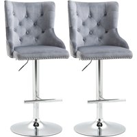 HOMCOM Modern Adjustable Bar Stools Set of 2, Swivel Velvet Barstools with Button Tufted Back, Footrest, Nailhead Trim for Home Bar, Grey
