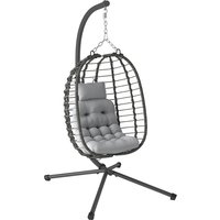 Rattan Hanging Egg Chair Foldable Wicker Hammock Swing Chair Cushion Stand Adjustable Height Head Pillow Steel Frame Garden Patio Indoor Outdoor Light Grey