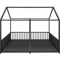 Lit enfant en métal 90×200 cm, design double avec modélisation en forme de maison et garde-corps de sécurité, sans matelas, Noir
