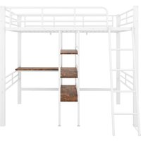 Lit mezzanine avec bureau, étagères, garde-corps et échelle en métal, 90×200 cm, sans matelas, Blanc