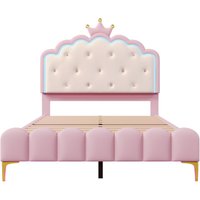 Lit rembourré 140x200 cm avec sommier à lattes, éclairage d'ambiance et forme de princesse, sans matelas, Rose