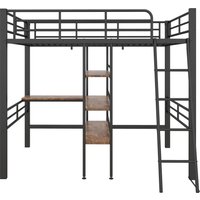 Lit mezzanine avec bureau, étagères, garde-corps et échelle en métal, 90×200 cm, sans matelas, Noir