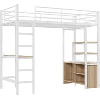 Lit mezzanine avec bureau 90×200 cm, armoire de rangement ouverte, avec garde-corps & échelle, sans matelas, Blanc