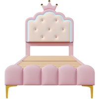 Lit rembourré 90x200 cm avec sommier à lattes, éclairage LED d'ambiance et design princesse, sans matelas, Rose