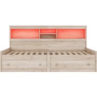 Canapé-lit 90×200 cm avec port USB, éclairage LED et deux tiroirs, sans matelas, Naturel