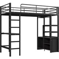 Lit mezzanine avec bureau 90×200 cm, armoire de rangement ouverte, avec garde-corps & échelle, sans matelas, Noir