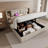 King Size Bed Frame with Hydraulic Storage, Wireless Charging, Upholstered Bed Stand with Compartments, 206L x 185W x 100.5H cm, Natural Aosom.UK
