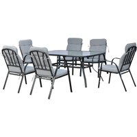 7Pieces Garden Dining Set Outdoor Dining Table 6 Cushioned Armchairs Tempered Glass Top Table w Umbrella Hole Texteline Seats