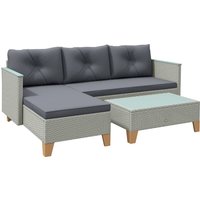 3 Pieces Rattan Garden Furniture Set L Shaped Garden Conversation Chaise Lounge Furniture Wood Top Coffee Table Thick Cushions Charcoal Grey