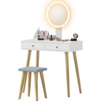 HOMCOM Coiffeuse avec miroir LED à luminosité et 3 couleurs réglable, tabouret rembourré, 2 tiroirs et organisateur, blanc