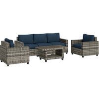 Outsunny 6 Pieces Rattan Garden Furniture Set, 5 Seater Wicker Outdoor Furniture Set with 2 Armchairs, Steel Frame Coffee Table and Cushions for Balcony, Porch, Navy Blue