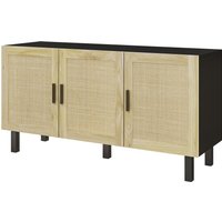 HOMCOM Meuble de rangement avec placards à portes effet cannage, étagères réglables, 136 x 41 x 70 cm, noir et bois naturel