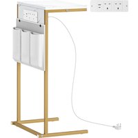 C Shaped Bedside Table Charging Station Marble Grain Side Table Power Outlets & USB Ports Storage Bags Bedroom Living Room