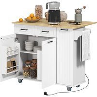 HOMCOM Îlot central cuisine mobile avec prise de courant et port USB, tablette à abattant, étagère réglable blanc