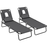 Foldable Sun Lounger Set 2 Pack 4 Level Backrest Pillow & Reading Hole Lightweight Garden Relaxation Dark Grey Aosom UK