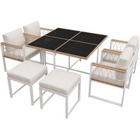 7-Teiliges Outdoor Esstisch- und Stuhlset mit Gehärtetem Glas, Rattangeflecht, Sitzkissen, für 6 Personen, Schwarz+Weiß
