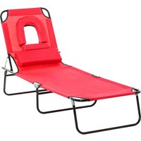 Outsunny Foldable Outdoor Sun Lounger Adjustable Backrest Reclining Chair with Pillow and Reading Hole Garden Beach, Red