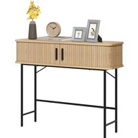 HOMCOM Console meuble, table console avec portes coulissantes à lattes et pieds en acier, pour salon, chêne et noir