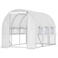 Outsunny 3 x 2 x 2m Walk-in Tunnel Greenhouse, Polytunnel Tent with PE Cover, Zippered Roll Up Door and 6 Mesh Windows, White