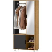 HOMCOM HOMCOM Kleiderschrank Schlafzimmer Garderobe moderne Aufbewahrungsschrank mit Spiegel, offenen Fächern, Schrank und Kleiderstange, 80 x 30 x 170 cm, Naturholz Aosom