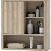 HOMCOM Badezimmerschrank, Wandhängender Badezimmerschrank mit verstellbaren Regalen, Schiebetür und offenen Regalen, Badezimmermöbel, schwebender Aufbewahrungsschrank, 60 x 20 x 62 cm, natürliche Holzoberfläche Aosom