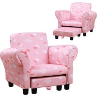 HOMCOM Kids Children Armchair Mini Sofa Wood Frame w/ Footrest Anti-Slip Legs High Back Arms Bedroom Playroom Furniture Cute Cloud Pink Aosom UK