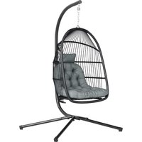 Outsunny Rattan Hanging Egg Chair with Stand, Foldable Wicker Swing Egg Chair with Cushion, Head Pillow, Steel Frame, Hammock Chair for Indoor Outdoor, Capacity 150 kg, Dark Grey | Aosom Ireland