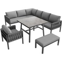 Ensemble de meubles de jardin avec canapé d'angle et plateau de table en verre trempé, incluant coussins de siège et de dossier, Gris